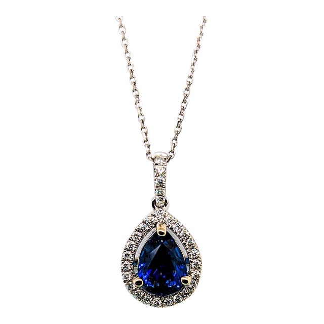 1.8ct Sapphire Pendant W Earth Mined Diamonds in Solid 14k White Gold | Pear 8x6mm For Sale