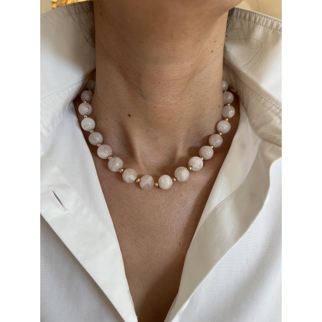 Contemporary Light Pink Rose Quartz Round Circle Sphere Beads 14 Karat Yellow Gold Bead Short For Sale - Image 3 of 10