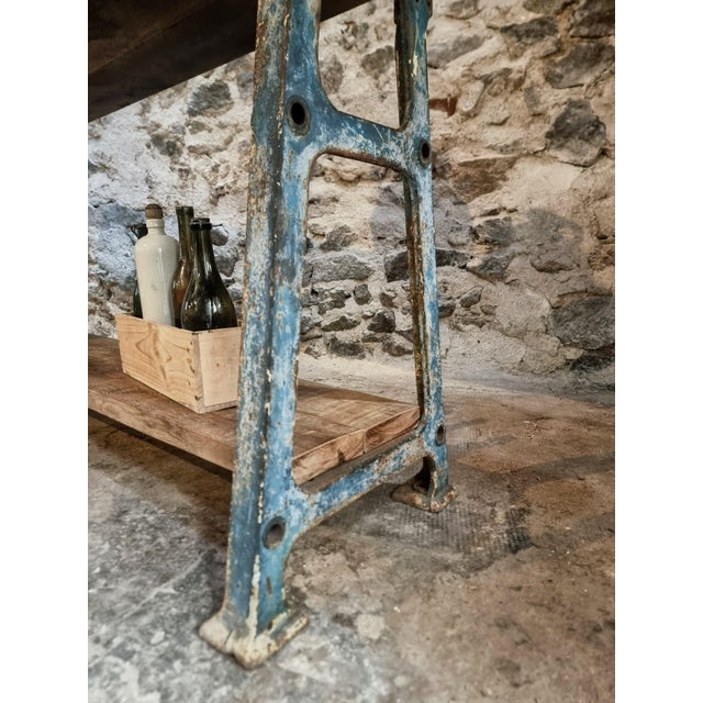 Rustic Large Mid-Century Industrial Kitchen Island or Worktable with Cast Iron Base, France, 1940s For Sale - Image 3 of 18