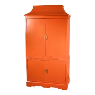 1970s Orange Chinoiserie Pagoda-Top Armoire For Sale