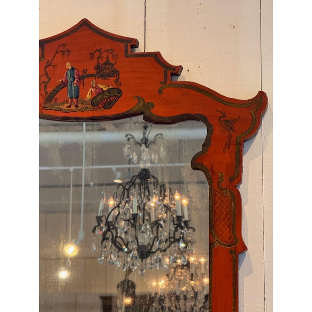 Mid 20th Century Red Chinoiserie Mirror With Painted Pagoda Crest For Sale - Image 5 of 8