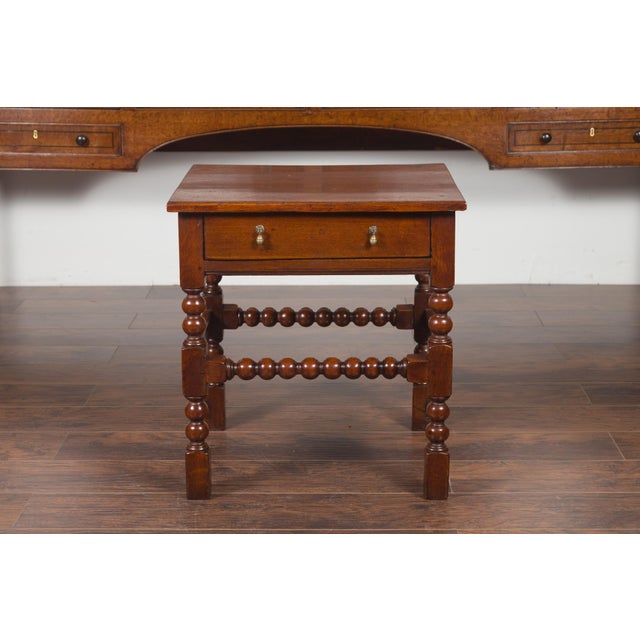 Late 19th Century English 1870s Oak Bobbin Leg Side Table with Single Drawer and Stretchers For Sale - Image 5 of 12