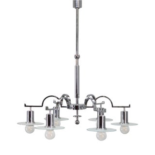 Art Deco Chrome Chandelier with Six Sandblasted Glass Discs, 1930s For Sale