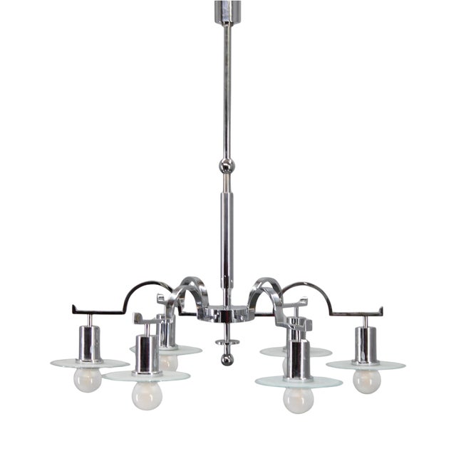 Art Deco Chrome Chandelier with Six Sandblasted Glass Discs, 1930s For Sale