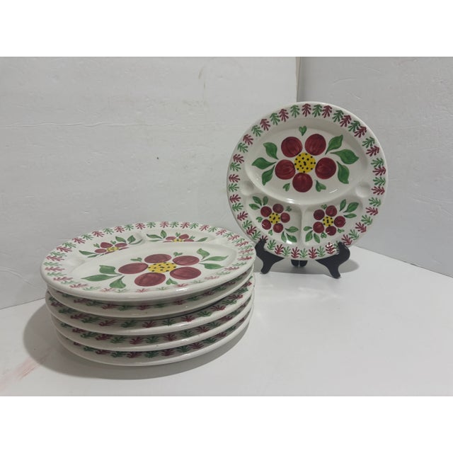 American Antique Stick Spatterware Spongeware Floral Plates - Set of 6 For Sale - Image 3 of 6