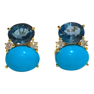 Christina Addison 18kt Yellow Gold Large Gum Drop™ Earrings With Faceted Deep Blue Topaz and CabochonTurquoise and Diamonds - a Pair