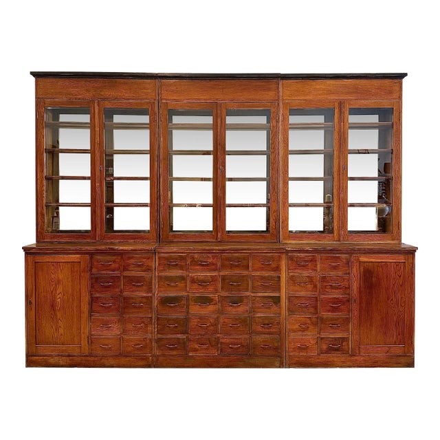 Circa 1900 Large Hungarian Apothecary Cabinet With Glass Doors & Drawers For Sale