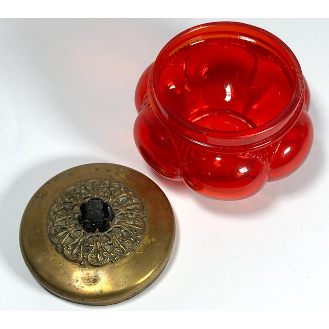 Antique Ruby Glass Bonbonniere: Filigree Brass Lid, Cameo Decor For Sale - Image 6 of 10