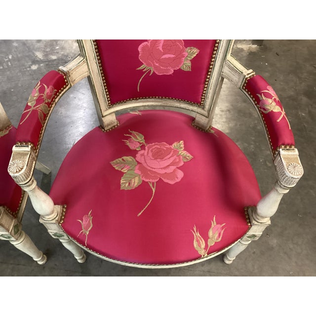 Wood Stunning French Louis XVI-Style Pink Arm Chairs W/Painted Frames For Sale - Image 7 of 15