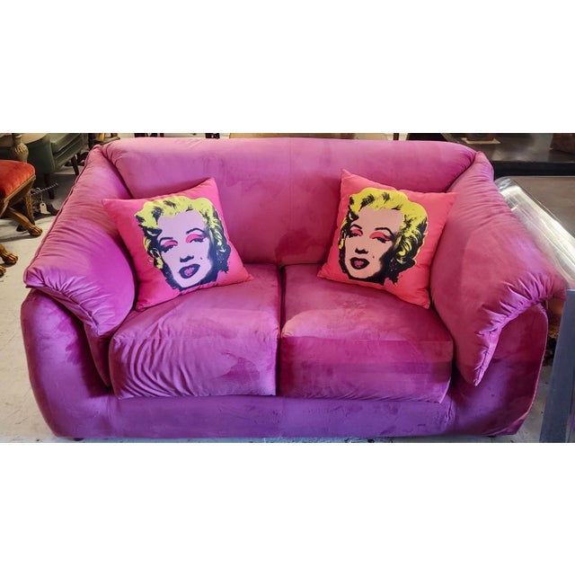 Fuchsia Pink Velour upholstered Designer Love Seat- Sofa Hot Pink Velvet/Velour 2 seat Couch - 2 Marilyn Monroe matching...