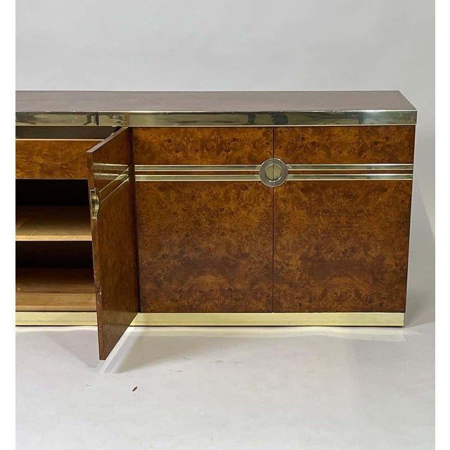 1970s 1970s Pierre Cardin Burled Olive Credenza Case Piece With Brass Detail For Sale - Image 5 of 10