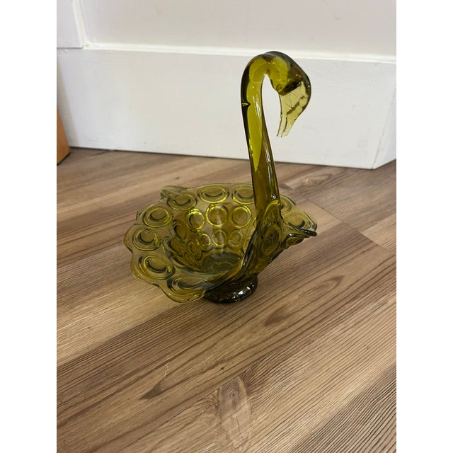 Glass Vintage Mid-Century Modern Olive Green Art Glass Swan Trinket Dish For Sale - Image 7 of 8