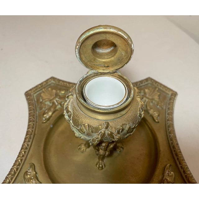 Antique Ornate 1800's Victorian Gilt Bronze Griffin Brass Desk Inkwell Stand Jar For Sale - Image 12 of 17