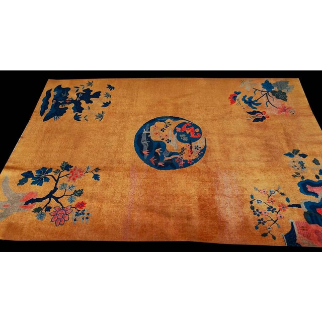 Art Deco 1920s Orange Medallion Scene Antique Chinese Art Deco Carpet 6' X 8'6 Knotted Wool Rug For Sale - Image 3 of 9