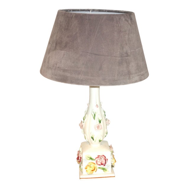 Vintage Italian Porcelain Fabric Shade Table Lamp, 1970s For Sale