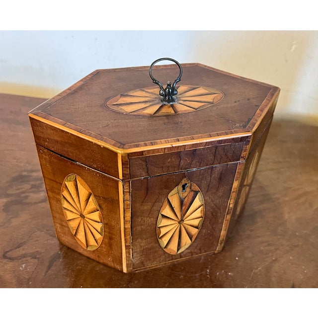 Antique Early 19th Century English George III Hexagonal Mahogany Tea Caddy of Elegant Proportion With Paterae Fan Inlay For Sale - Image 11 of 18