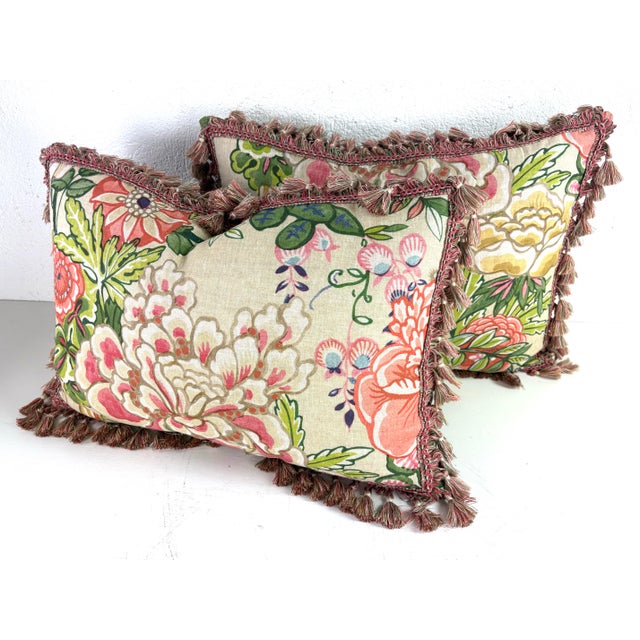 2020s Thibaut Peony Garden Hand Printed Tasseled Linen Pillows/a Pair For Sale - Image 5 of 8