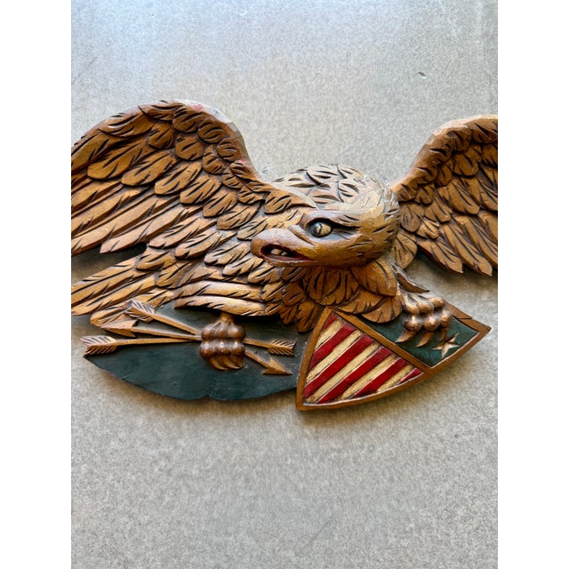 1950s 1950s Folk Art Mid-Century Artistic Carving Co. Louisburg Wood Eagle Plaque Bellamy Style Americana Wall Sculpture For Sale - Image 5 of 16