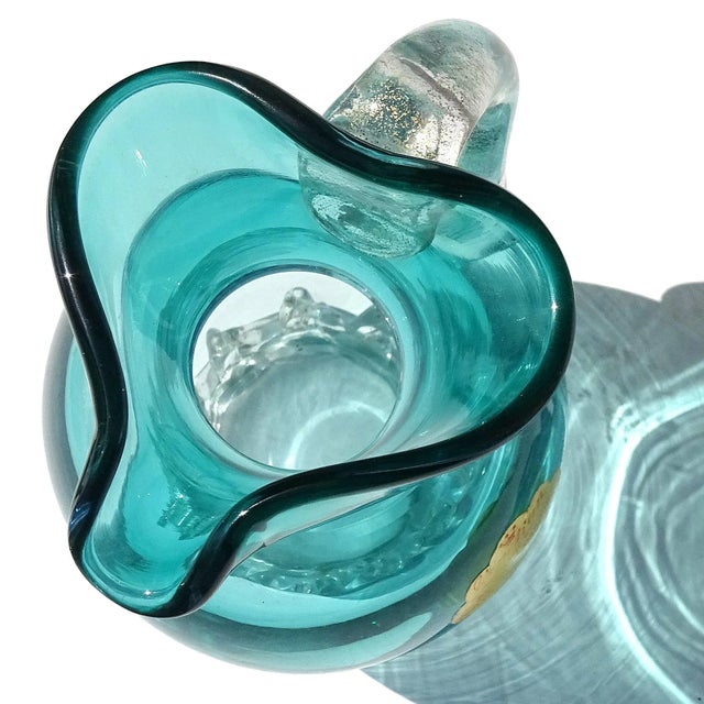 Mid-Century Modern Barbini Murano Vintage Aqua Blue Gold Flecks Handle Italian Art Glass Midcentury Pitcher Flower Vase For Sale - Image 3 of 5