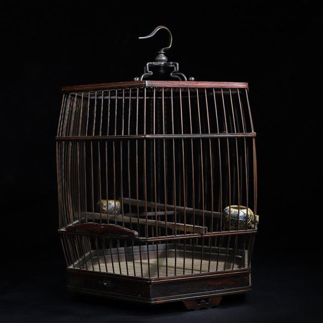 Vintage Chinese Huali Rosewood Hexagonal Bird Cage With Matching 60cm Wooden Pole For Sale - Image 9 of 10