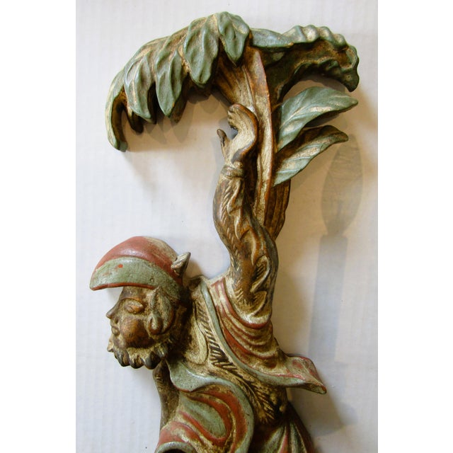 1920s Opposing Pair of Polychrome Hand Carved Wood and Iron Monkey Wall Sconces C 1920 For Sale - Image 5 of 16