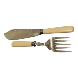 Mid 20th Century Fish Serving Knife Fork Set Sterling Silver Celluloid Stainless Firth Staybrite- 2 Piece