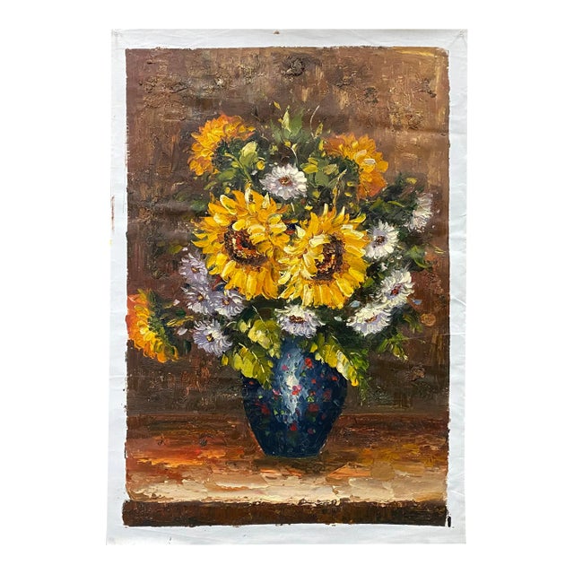 Impasto Oil Paint Canvas Art Sunflowers Blue Vase Scroll Painting For Sale