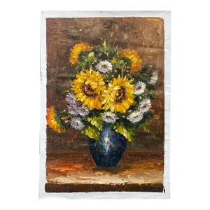 Impasto Oil Paint Canvas Art Sunflowers Blue Vase Scroll Painting