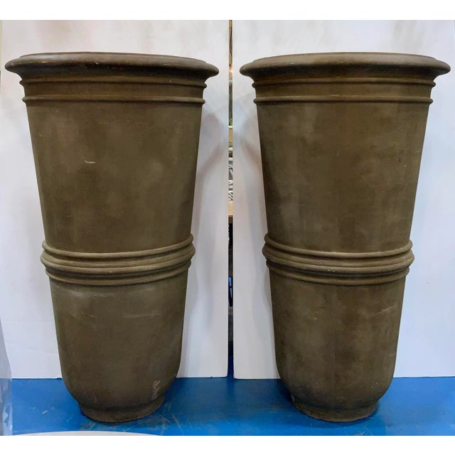 Original Retail $4532, stylish Organic Modern Fiber Clay Large Taupe Outdoor Planters Pair, showroom floor samples
