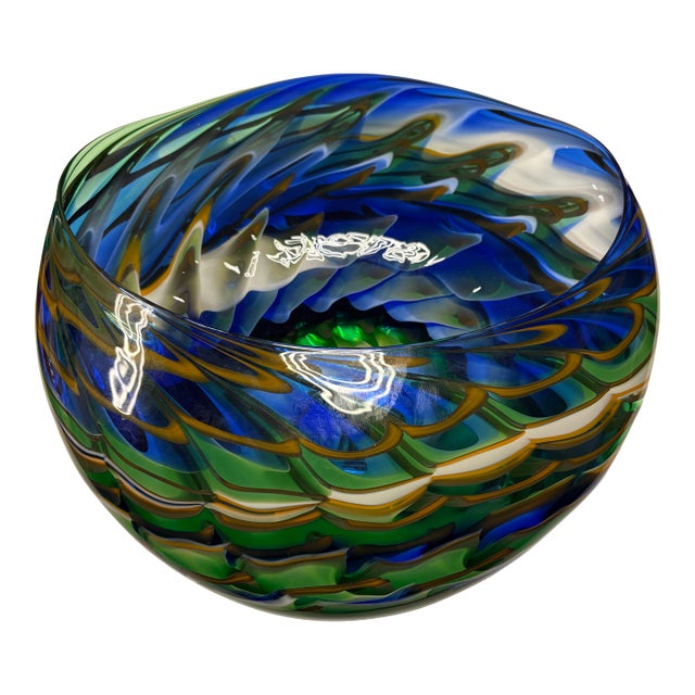 Late 20th Century Signed Mark Wagan Studio Art Glass Bowl – Blue Green Vortex Swirl Sculptural Vessel For Sale