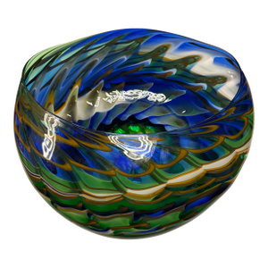 Late 20th Century Signed Mark Wagan Studio Art Glass Bowl – Blue Green Vortex Swirl Sculptural Vessel