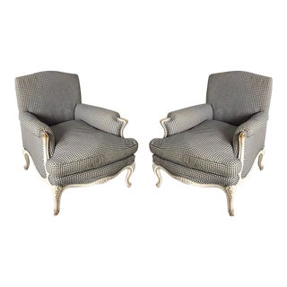 Large Scale Painted English Club Chairs With French Styling in Blue / Ecru Check For Sale