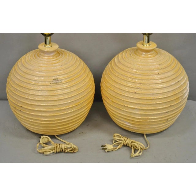 Vintage Mid Century Modern Lacquered Fiberglass Round Beehive Table Lamps - Pair For Sale - Image 9 of 12