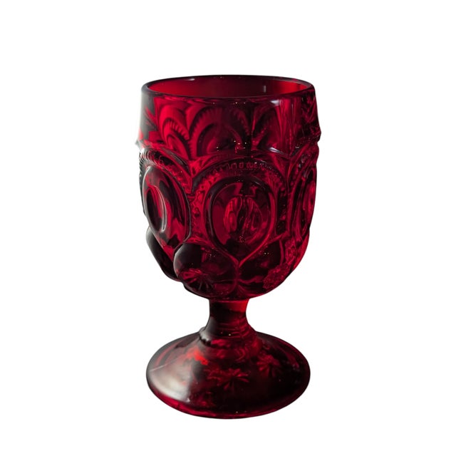 Mid 20th Century Mid Century Modern l.e. Smith Ruby Red Glass Pitcher & Cup Goblet Set Moon and Stars Pattern - Set of 9 For Sale - Image 9 of 10