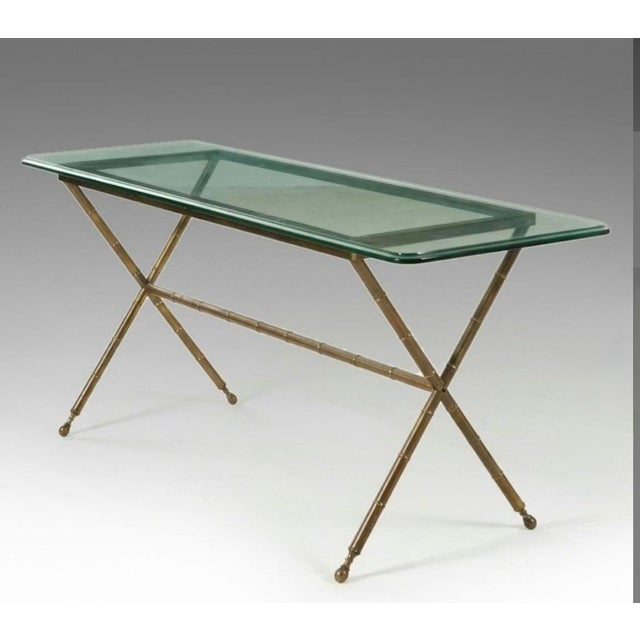 Dorothy Draper Vintage Hollywood Regency Faux Bamboo Console Brass Metal Table With Glass Top and X Base For Sale - Image 4 of 5