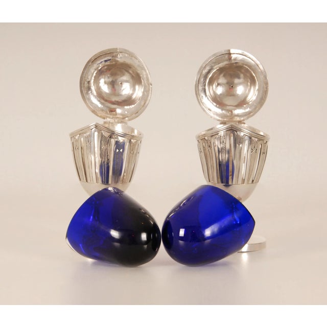 Antique Silver Mustard Pots Empire Napoleonic Sterling Silver Blue Glass Liner a Pair For Sale - Image 6 of 13