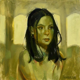 Viridescent by Ryan Morse | Oil on Panel Portrait of a Woman with Dark Hair For Sale