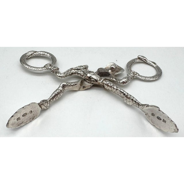 English Sterling Jester & Ouroboros Snake Sugar Tongs, Birmingham 1887 For Sale - Image 11 of 12