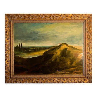 Oil Painting of a French Landscape With Shepherd Playing a Flute and Leading Sheep… For Sale