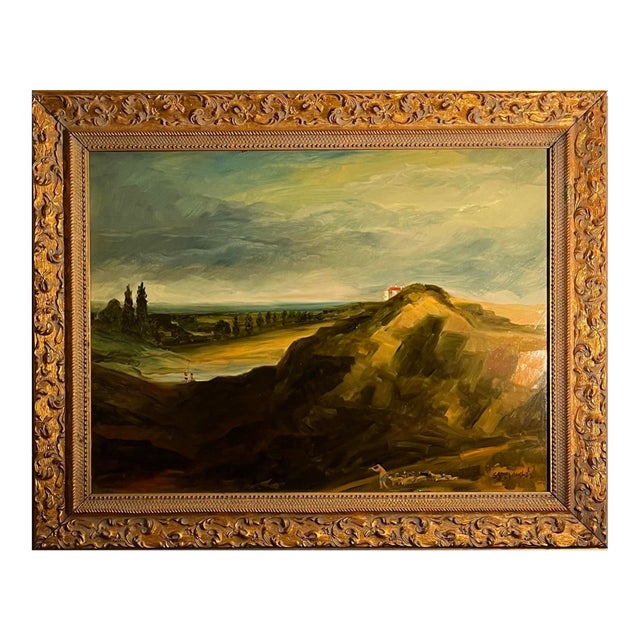 Oil Painting of a French Landscape With Shepherd Playing a Flute and Leading Sheep… For Sale