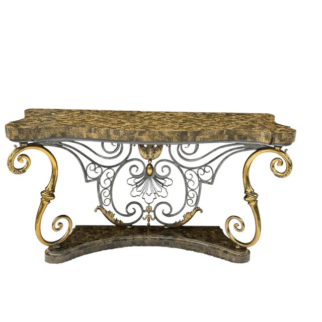 Postmodern Vintage Henredon Tessellated Stone Console With Sculptural Gold-Tone Scrollwork For Sale - Image 3 of 18