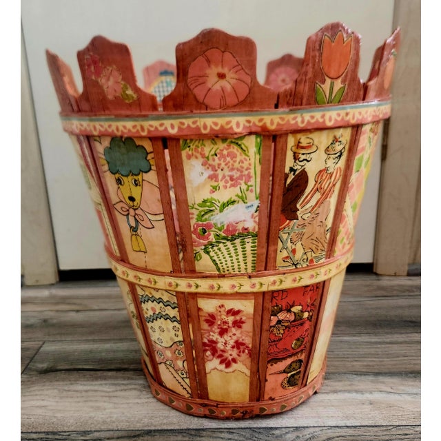 Folk Art Raggedy Ann Andy Folk Art Wastebasket Vintage Handmade For Sale - Image 3 of 13