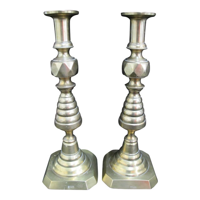 Antique English Brass Beehive & Diamond 14" Candle Holder Candlesticks For Sale