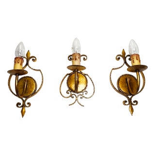 Wrought Iron and Gold Leaf Wall Lights, 1960s, Set of 3 For Sale