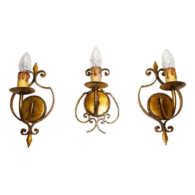 Wrought Iron and Gold Leaf Wall Lights, 1960s, Set of 3 For Sale