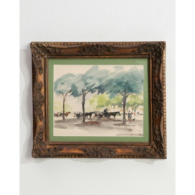 Blue Watercolor on Panel Parisian Landscape For Sale - Image 8 of 8