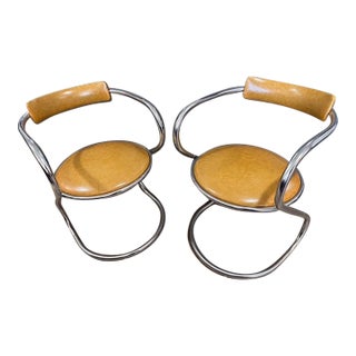 1960s Set of 2 Vintage Mid Century Chrome Cantilever Dining Chairs, Silver Beige For Sale