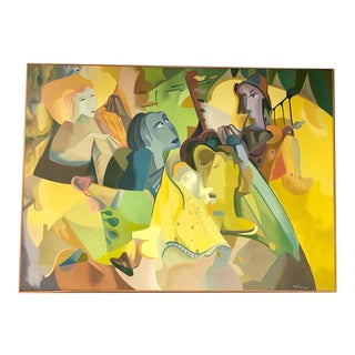 Contemporary Cubist Figurative Painting of Minstrels on Canvas, Framed For Sale