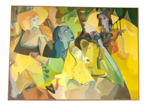 Contemporary Cubist Figurative Painting of Minstrels on Canvas, Framed