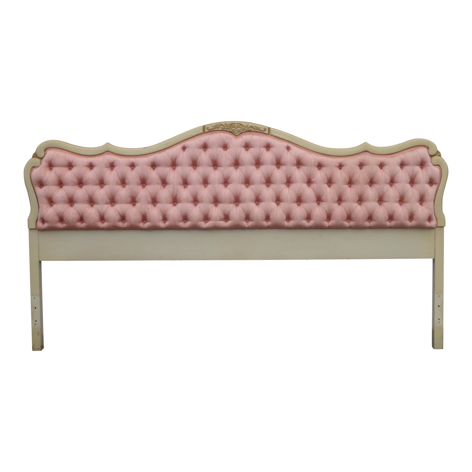 Vintage French Provincial Tufted Pink Silk & Carved Wood Headboard